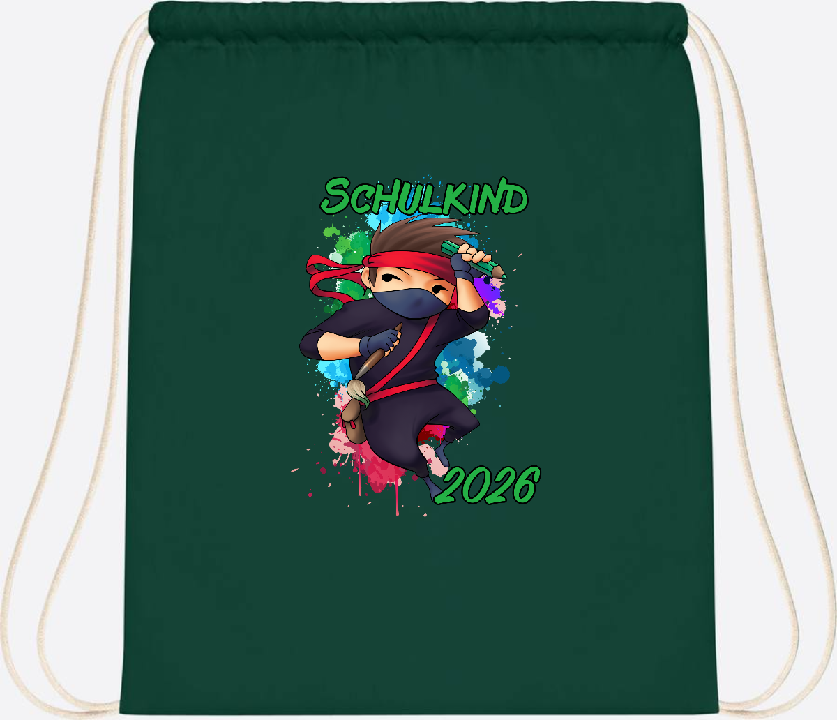 Turnbeutel Einschulung: Cooler Ninja 2026 mit Wunschname - Bottle Green