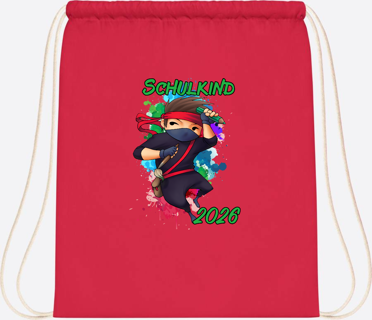 Turnbeutel Einschulung: Cooler Ninja 2026 mit Wunschname - Bright Red