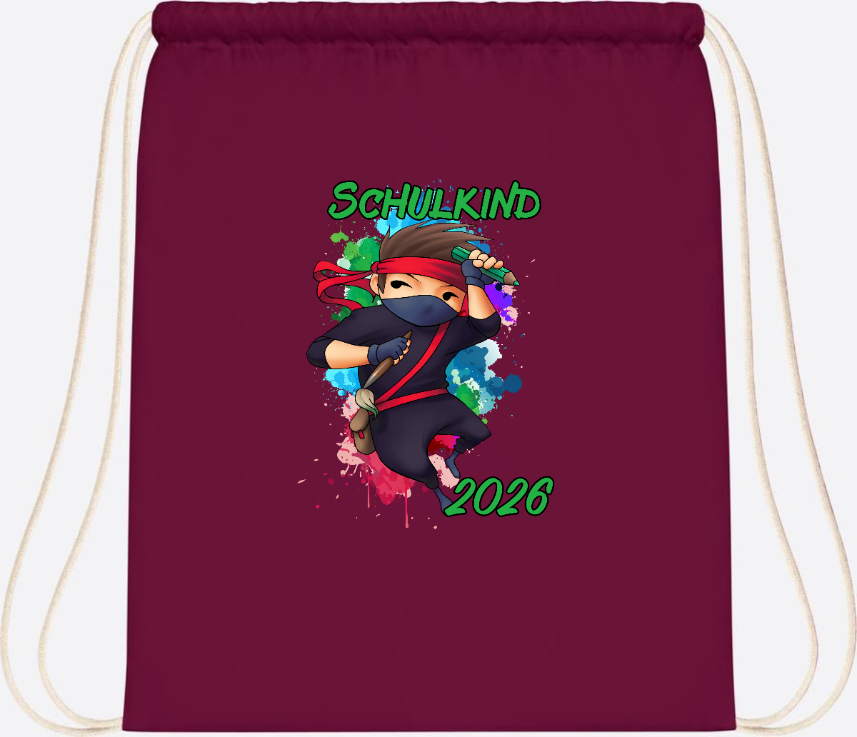 Turnbeutel Einschulung: Cooler Ninja 2026 mit Wunschname - Burgundy