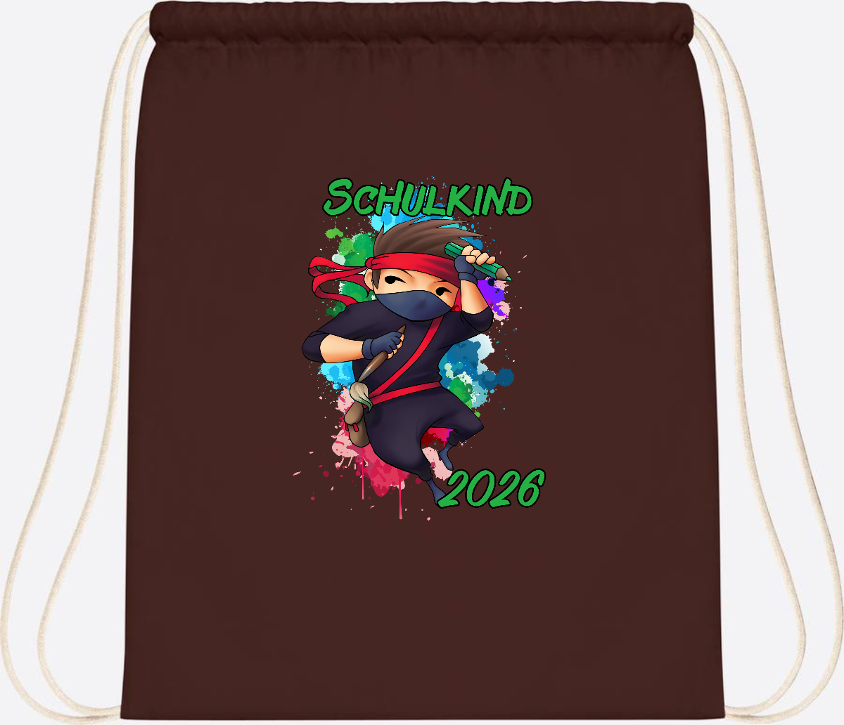 Turnbeutel Einschulung: Cooler Ninja 2026 mit Wunschname - Chocolate
