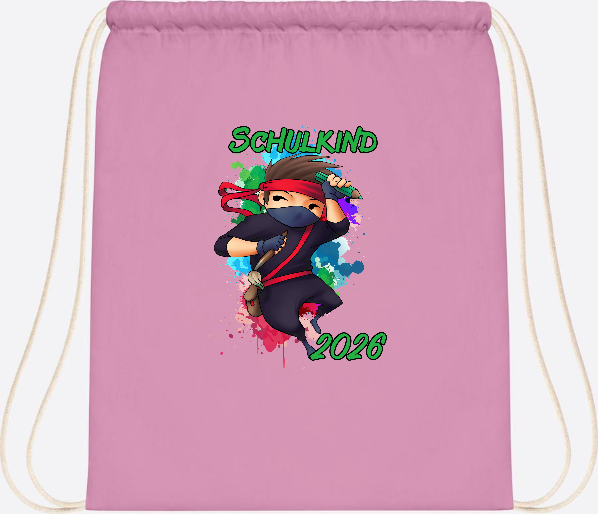 Turnbeutel Einschulung: Cooler Ninja 2026 mit Wunschname - Classic Pink/White