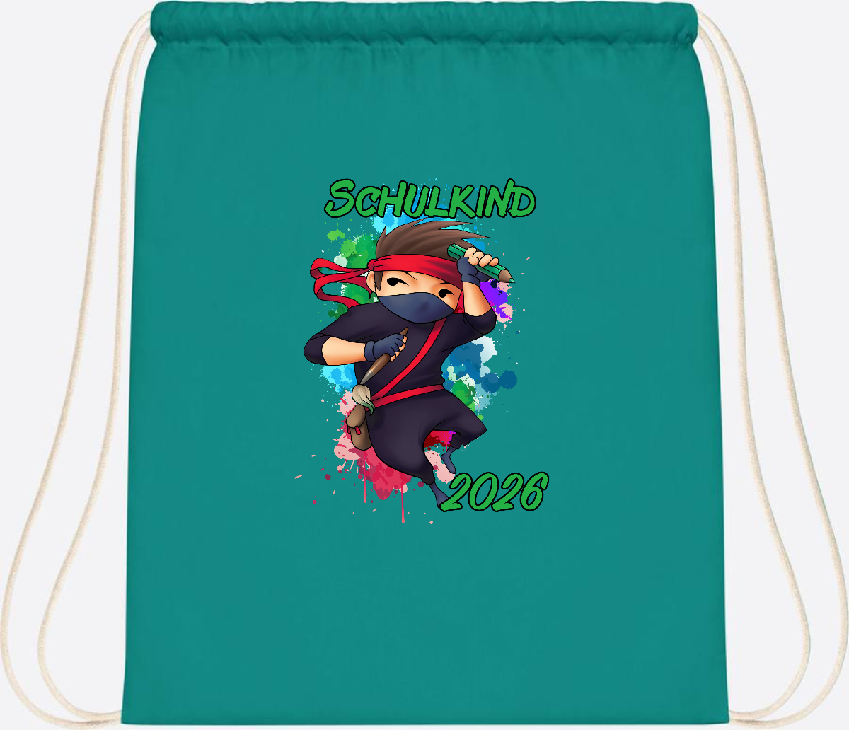 Turnbeutel Einschulung: Cooler Ninja 2026 mit Wunschname - Emerald