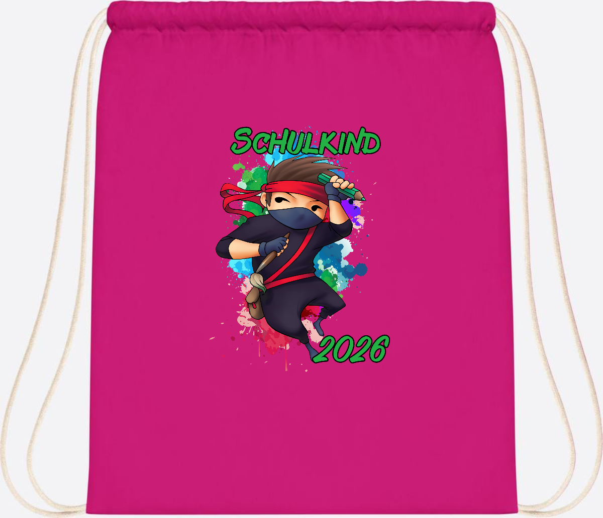 Turnbeutel Einschulung: Cooler Ninja 2026 mit Wunschname - Fuchsia