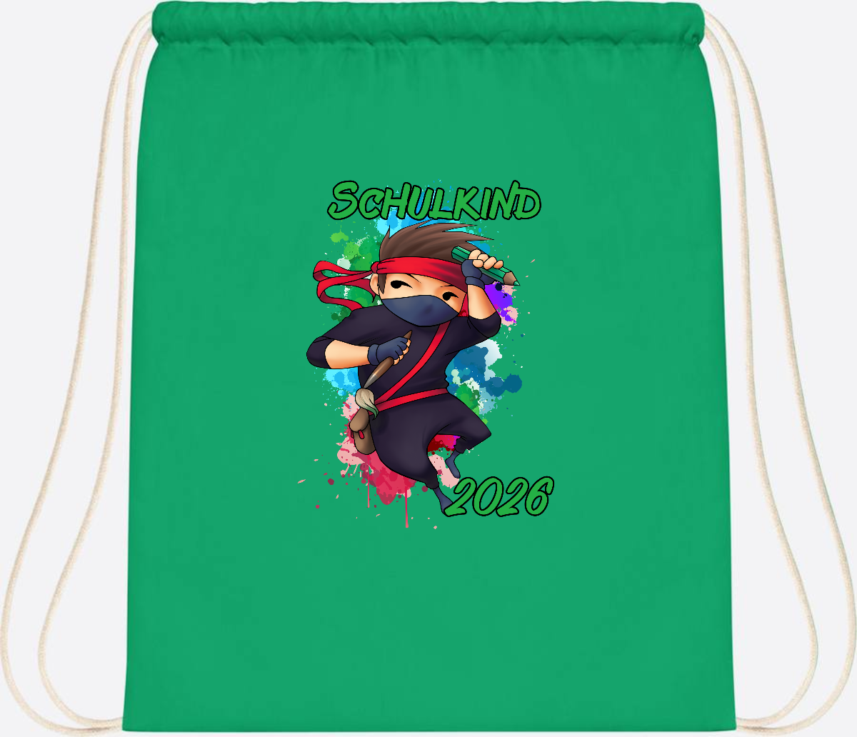Turnbeutel Einschulung: Cooler Ninja 2026 mit Wunschname - Kelly Green