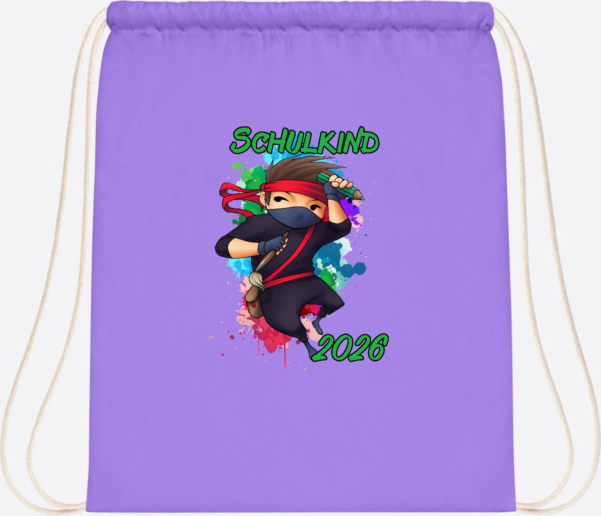 Turnbeutel Einschulung: Cooler Ninja 2026 mit Wunschname - Lavender/White