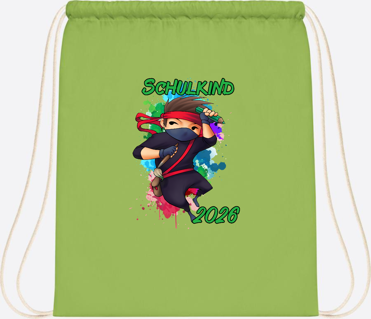 Turnbeutel Einschulung: Cooler Ninja 2026 mit Wunschname - Lime Green