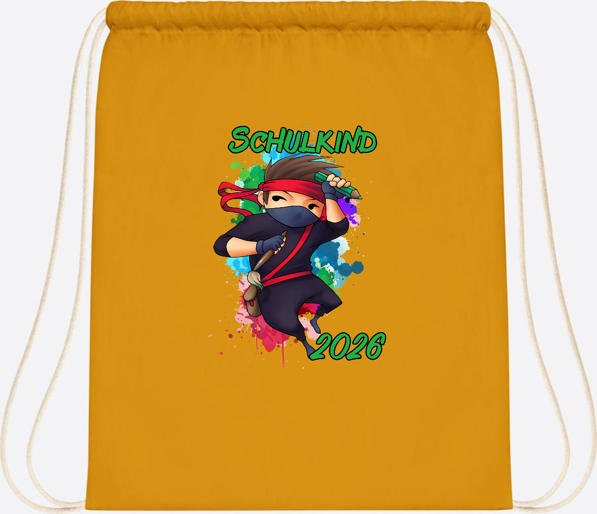 Turnbeutel Einschulung: Cooler Ninja 2026 mit Wunschname - Mustard