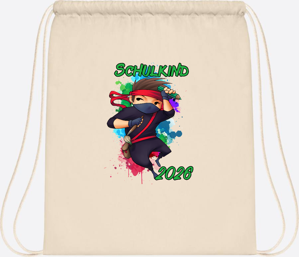 Turnbeutel Einschulung: Cooler Ninja 2026 mit Wunschname - Natural