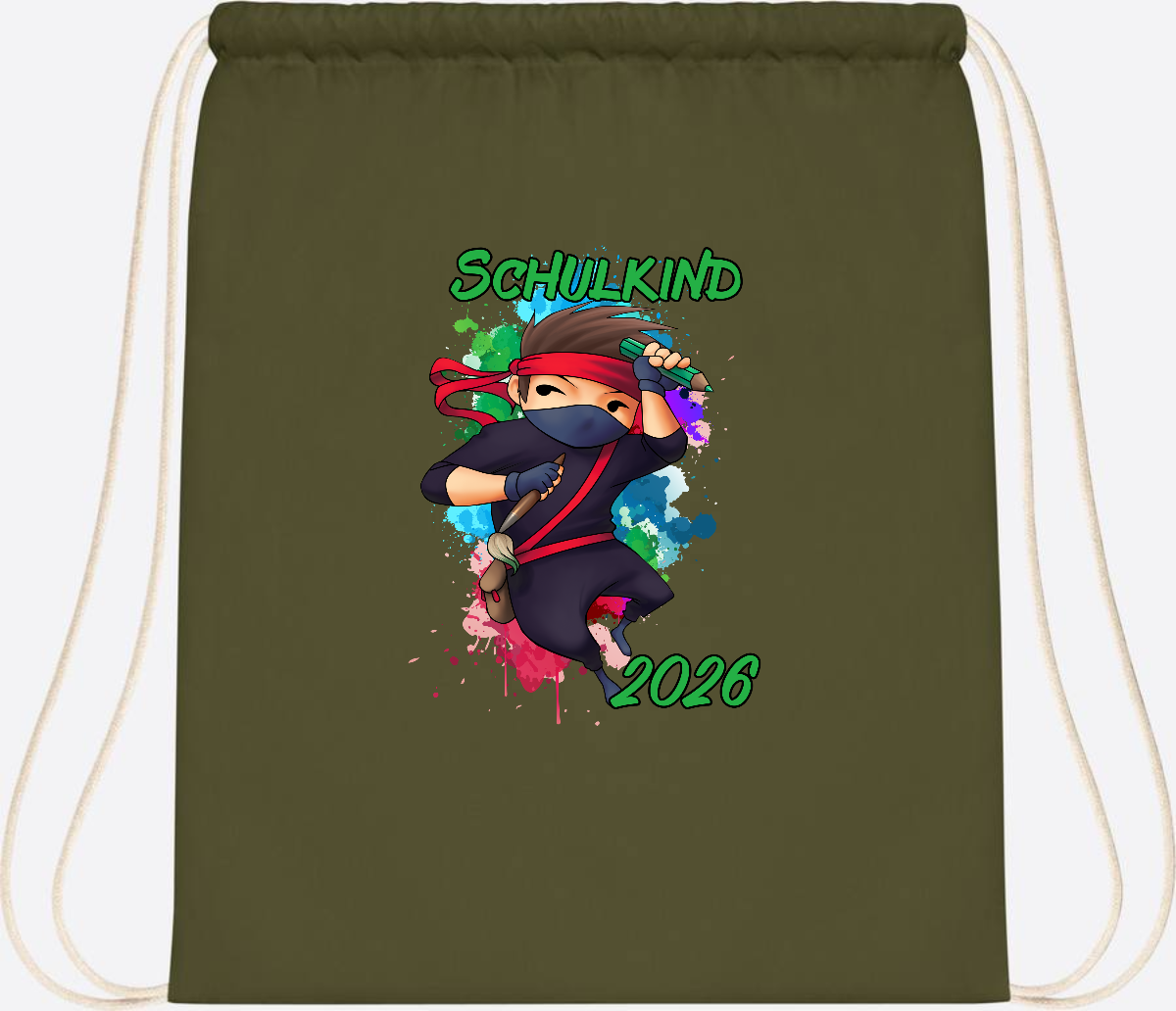 Turnbeutel Einschulung: Cooler Ninja 2026 mit Wunschname - Olive Green