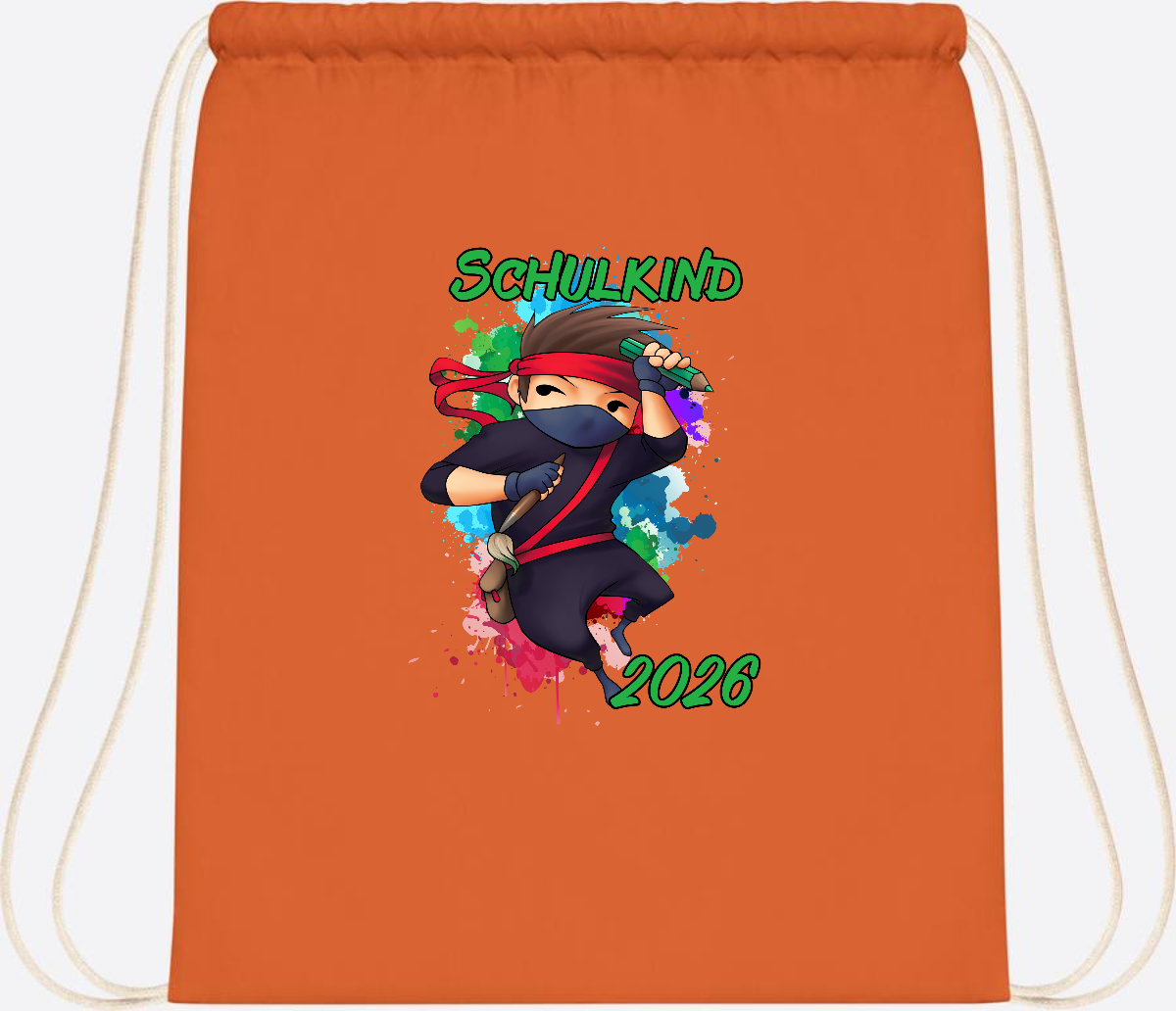 Turnbeutel Einschulung: Cooler Ninja 2026 mit Wunschname - Orange