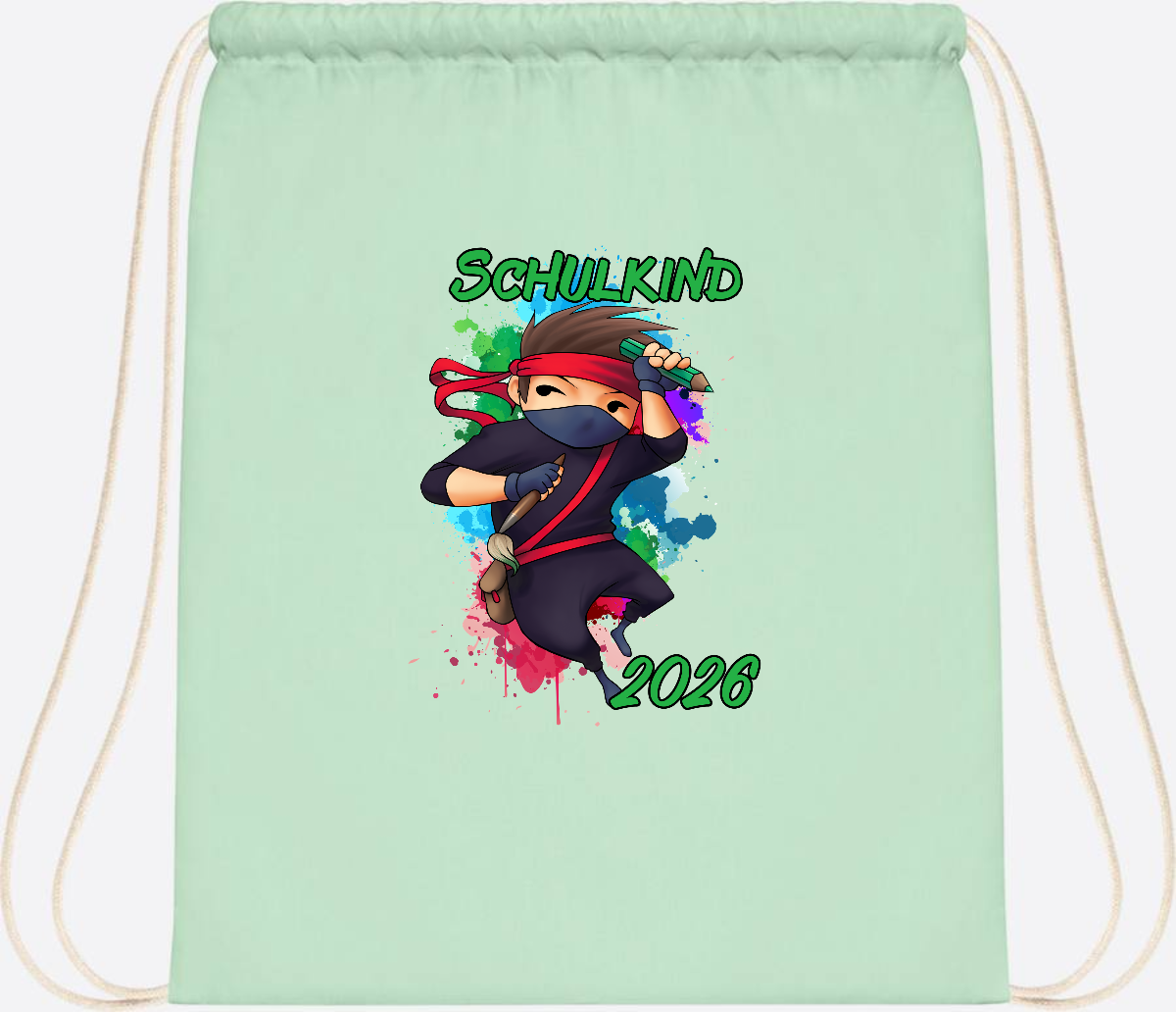 Turnbeutel Einschulung: Cooler Ninja 2026 mit Wunschname - Pastel Mint/White