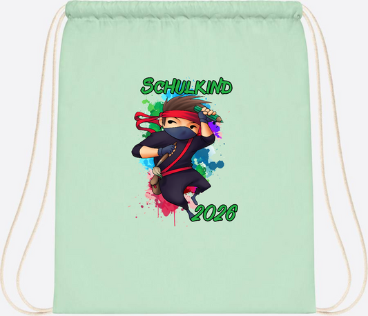 Turnbeutel Einschulung: Cooler Ninja 2026 mit Wunschname - Pastel Mint/White