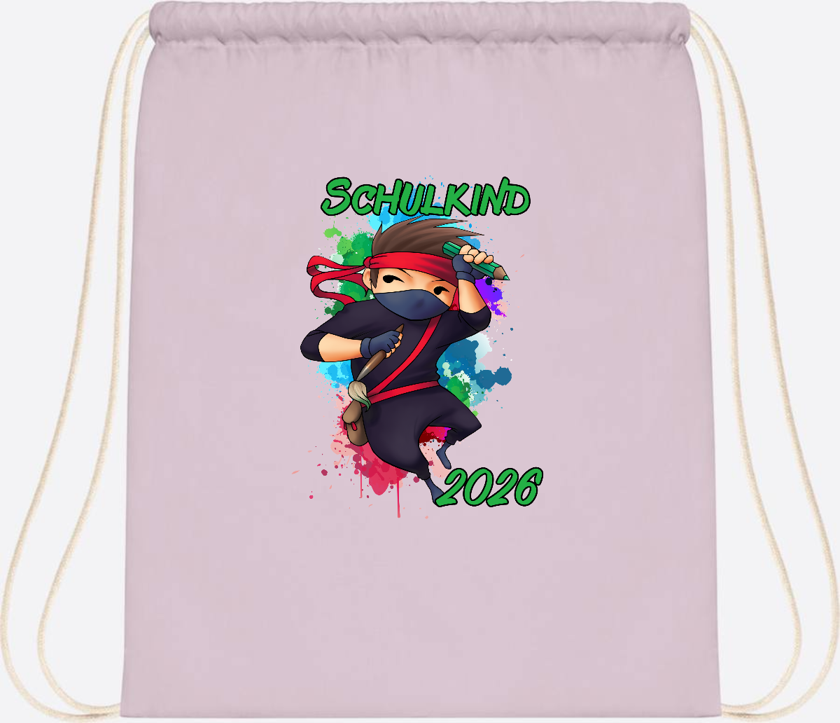 Turnbeutel Einschulung: Cooler Ninja 2026 mit Wunschname - Pastel Pink/White