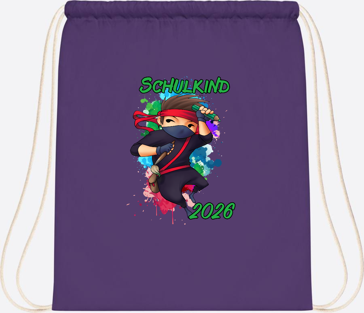 Turnbeutel Einschulung: Cooler Ninja 2026 mit Wunschname - Purple