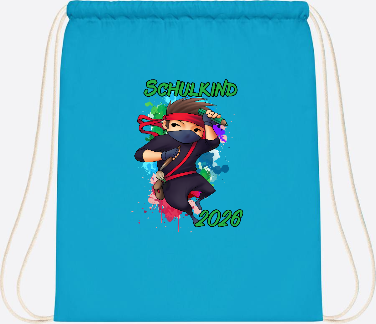 Turnbeutel Einschulung: Cooler Ninja 2026 mit Wunschname - Surf Blue