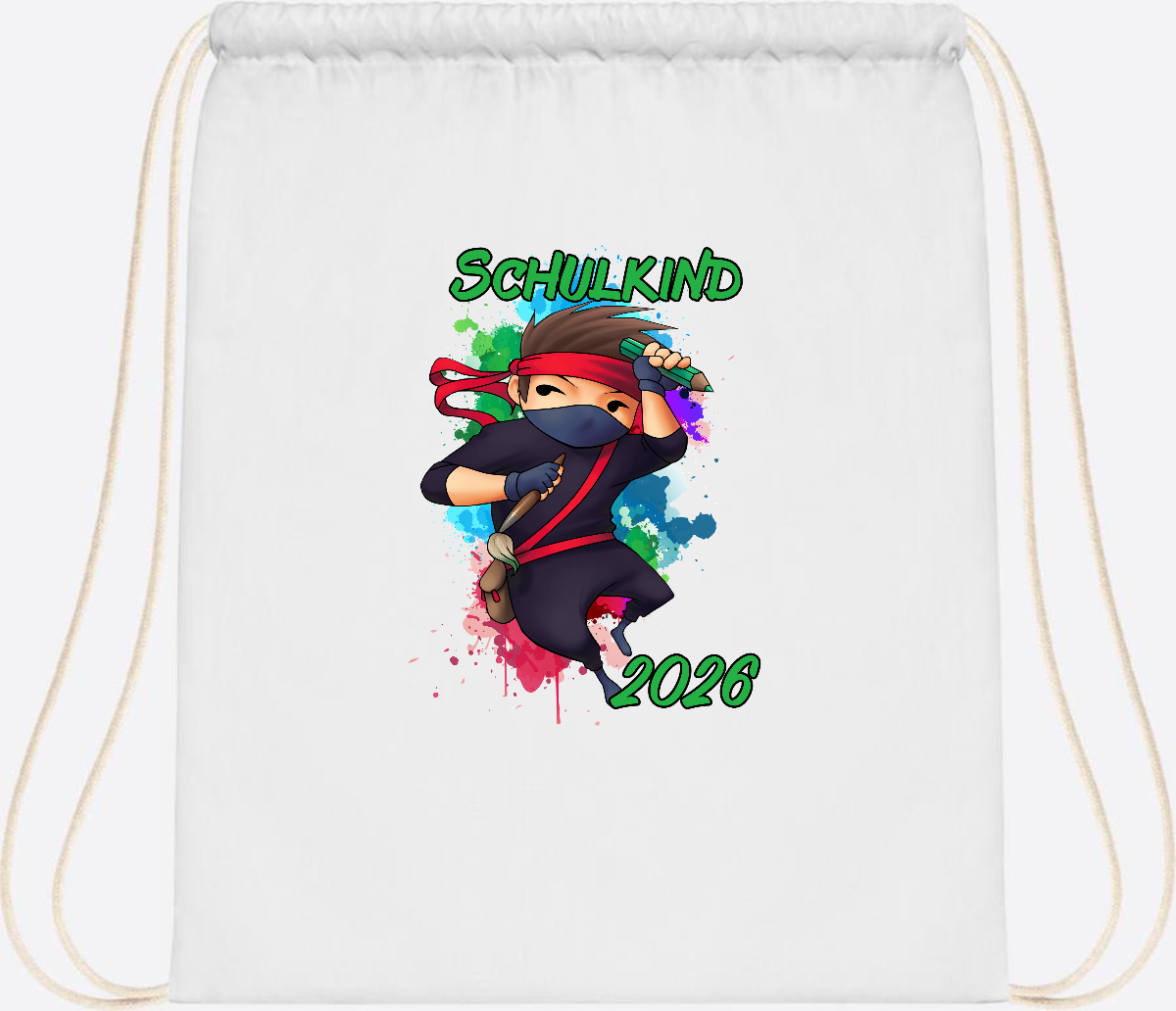 Turnbeutel Einschulung: Cooler Ninja 2026 mit Wunschname - White
