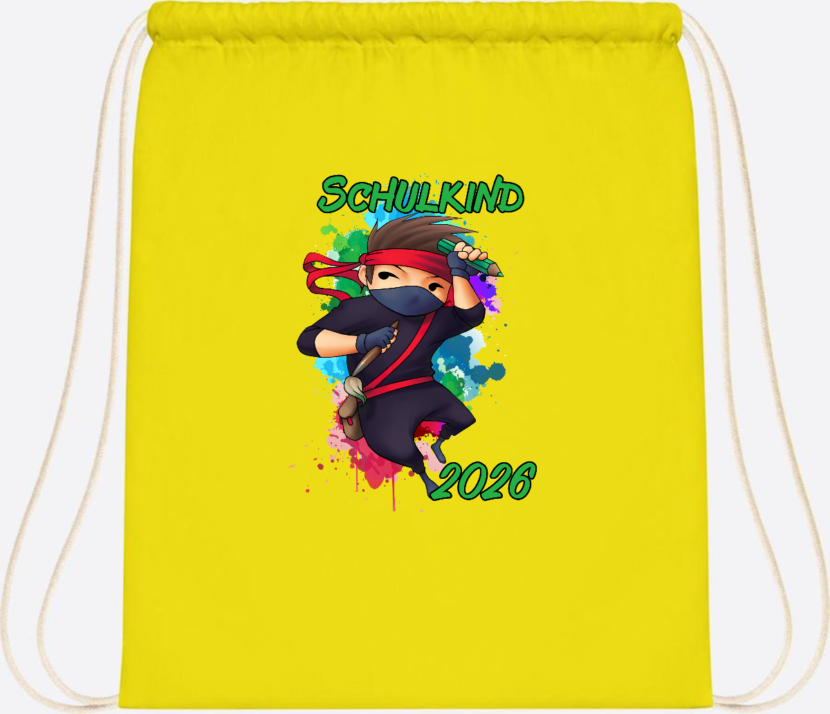 Turnbeutel Einschulung: Cooler Ninja 2026 mit Wunschname - Yellow