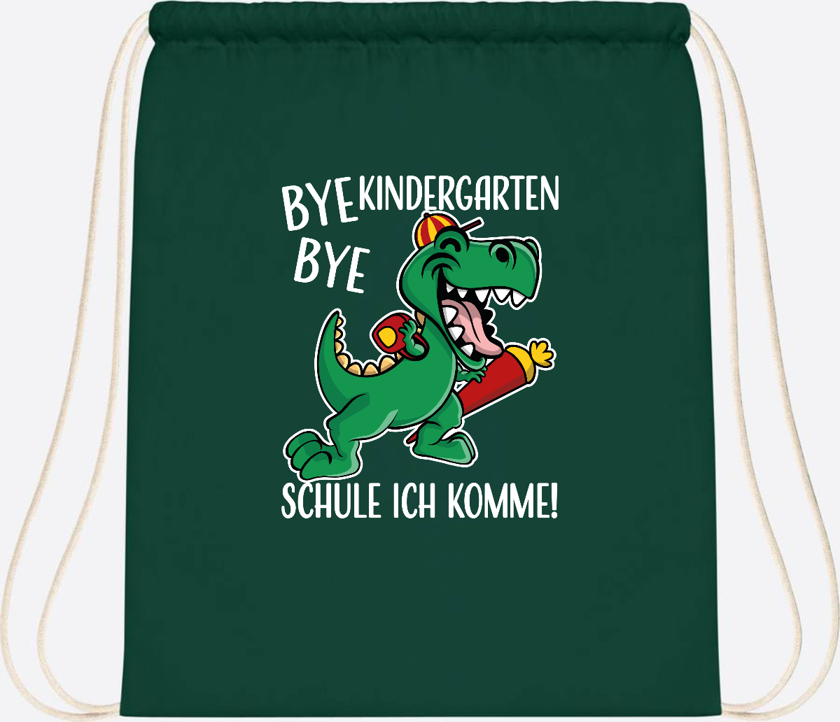 Turnbeutel Einschulung Dino – Bye Bye Kindergarten mit Namen - Bottle Green