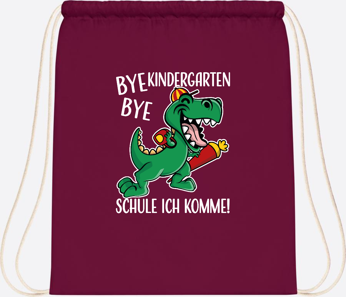 Turnbeutel Einschulung Dino – Bye Bye Kindergarten mit Namen - Burgundy