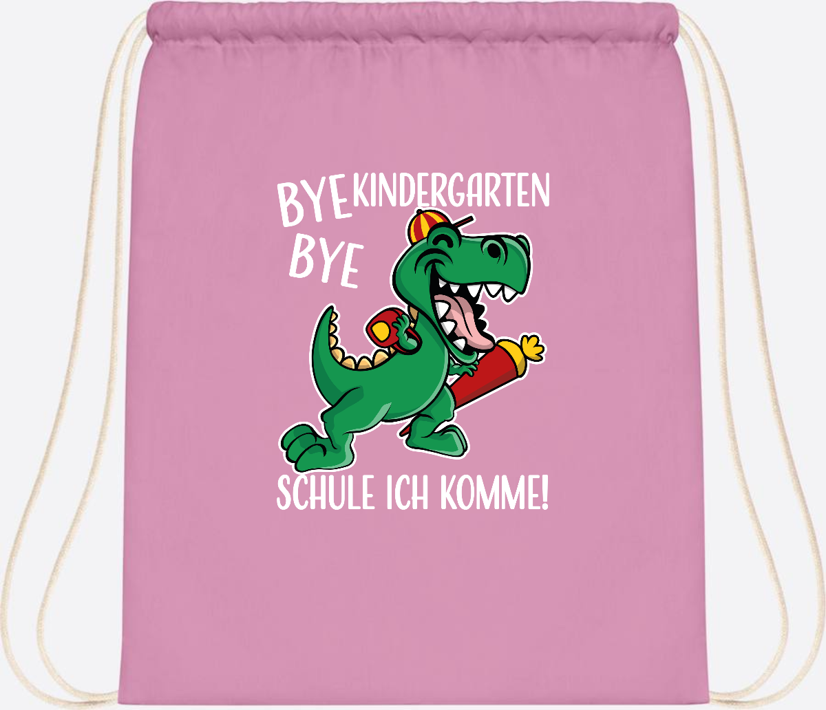 Turnbeutel Einschulung Dino – Bye Bye Kindergarten mit Namen - Classic Pink/White