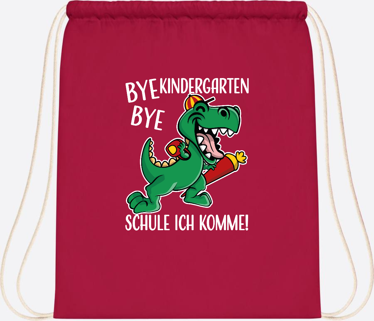 Turnbeutel Einschulung Dino – Bye Bye Kindergarten mit Namen - Classic Red