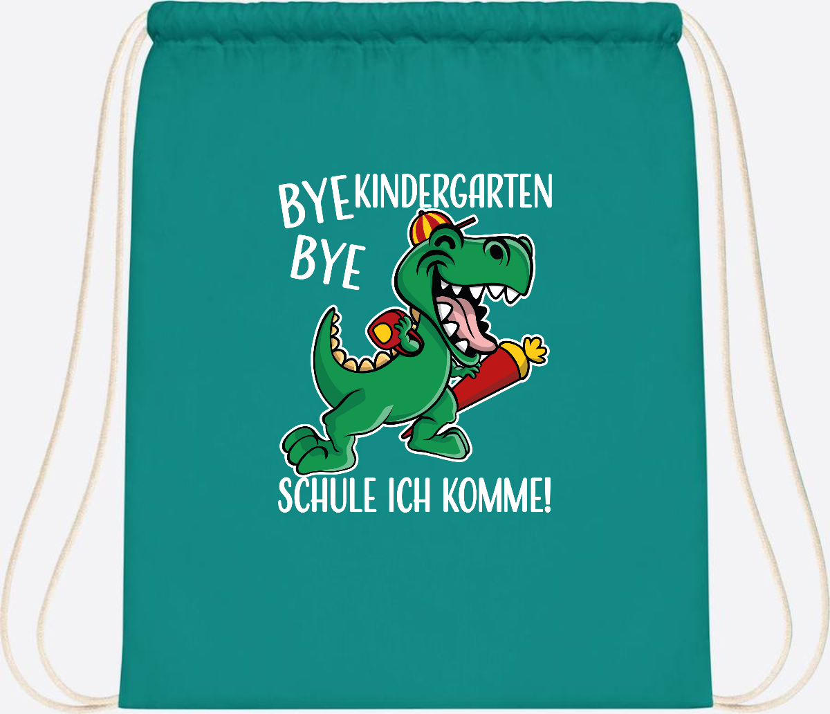 Turnbeutel Einschulung Dino – Bye Bye Kindergarten mit Namen - Emerald