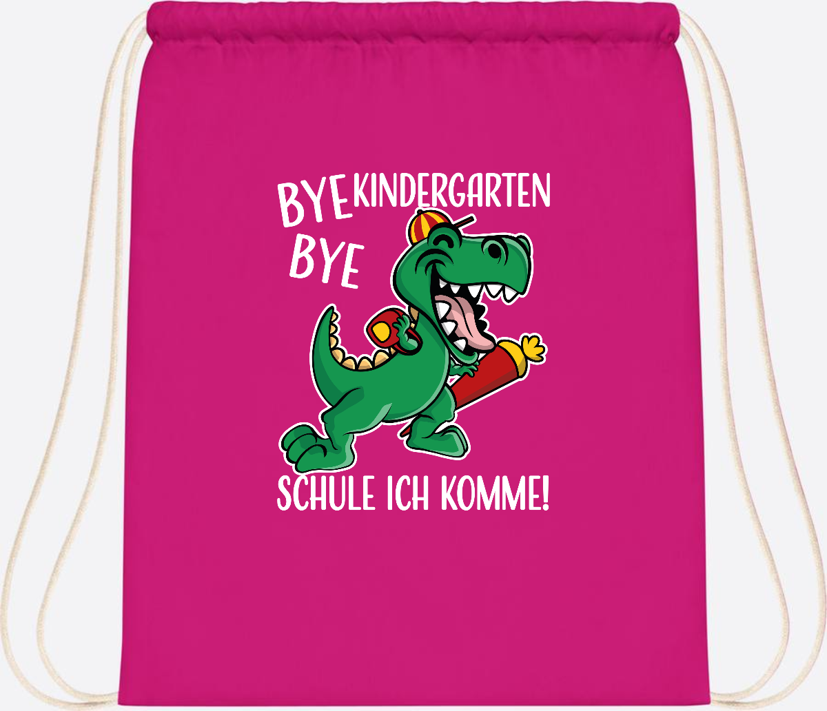 Turnbeutel Einschulung Dino – Bye Bye Kindergarten mit Namen - Fuchsia