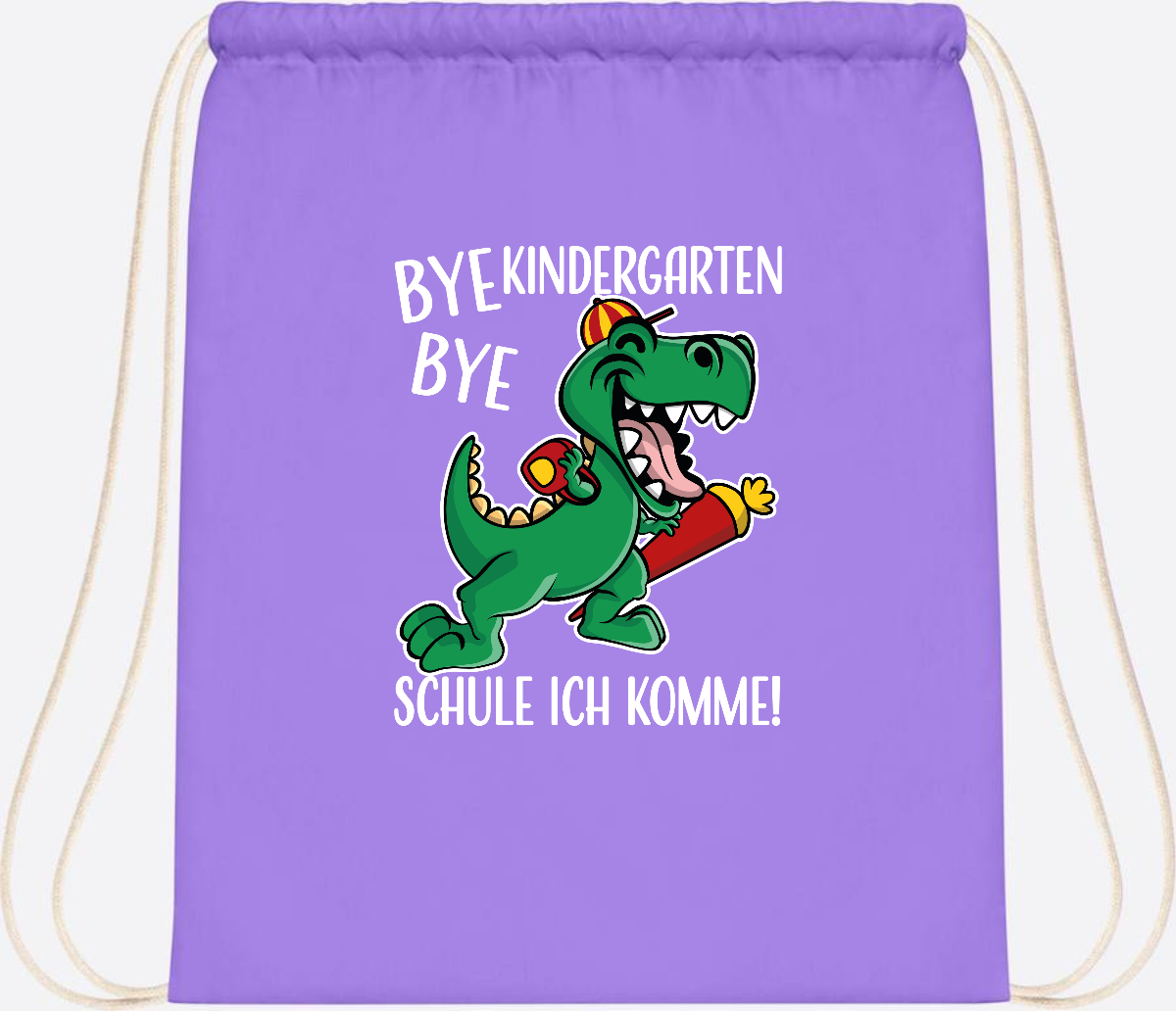 Turnbeutel Einschulung Dino – Bye Bye Kindergarten mit Namen - Lavender/White