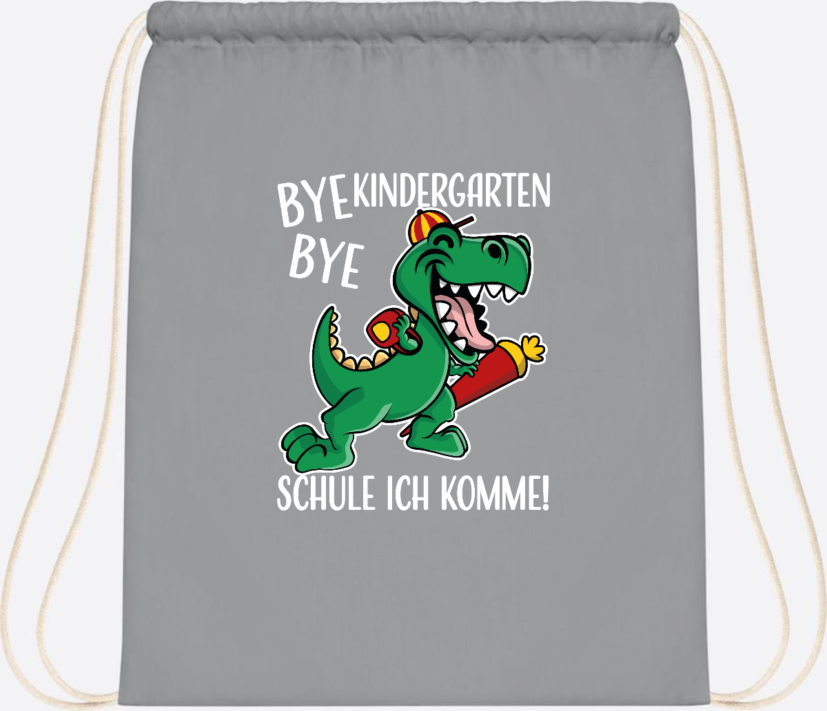 Turnbeutel Einschulung Dino – Bye Bye Kindergarten mit Namen - Light Grey