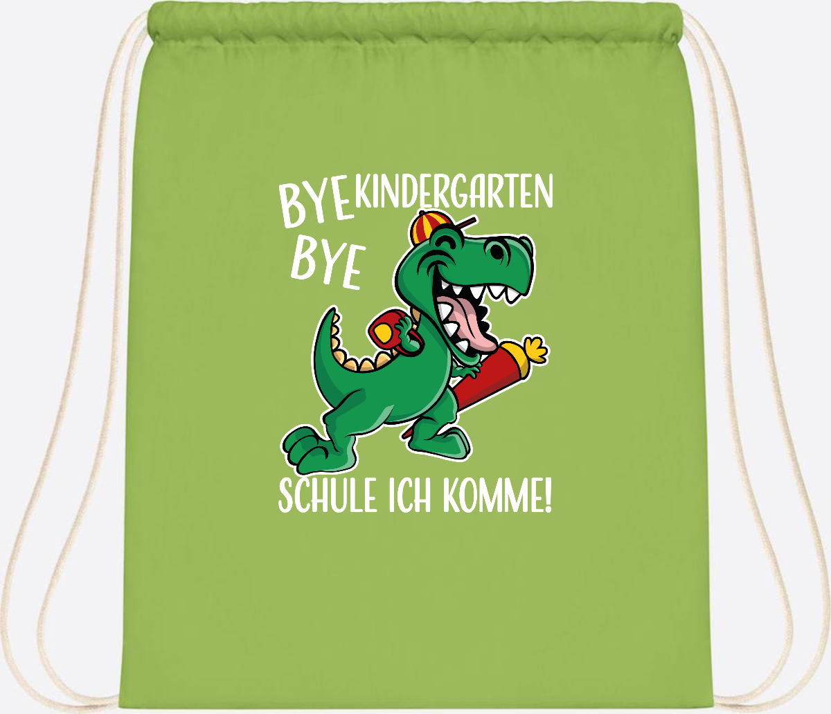 Turnbeutel Einschulung Dino – Bye Bye Kindergarten mit Namen - Lime Green
