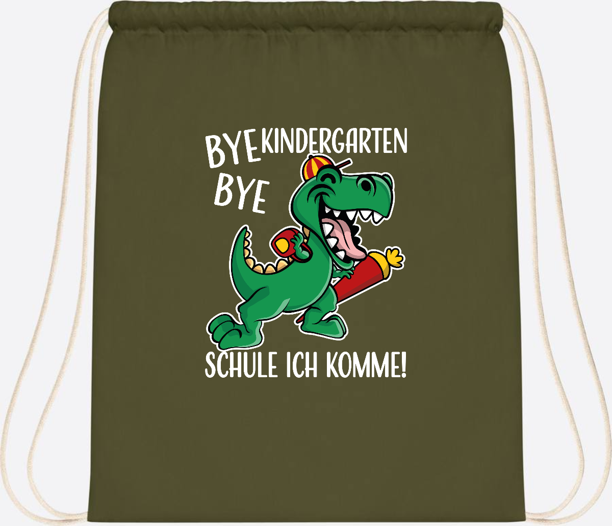 Turnbeutel Einschulung Dino – Bye Bye Kindergarten mit Namen - Olive Green