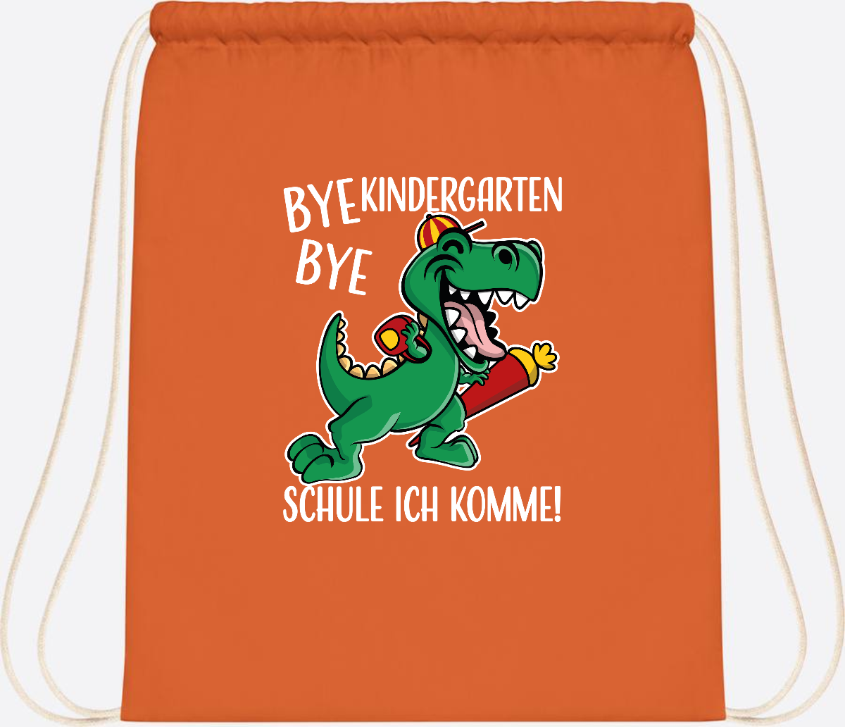 Turnbeutel Einschulung Dino – Bye Bye Kindergarten mit Namen - Orange