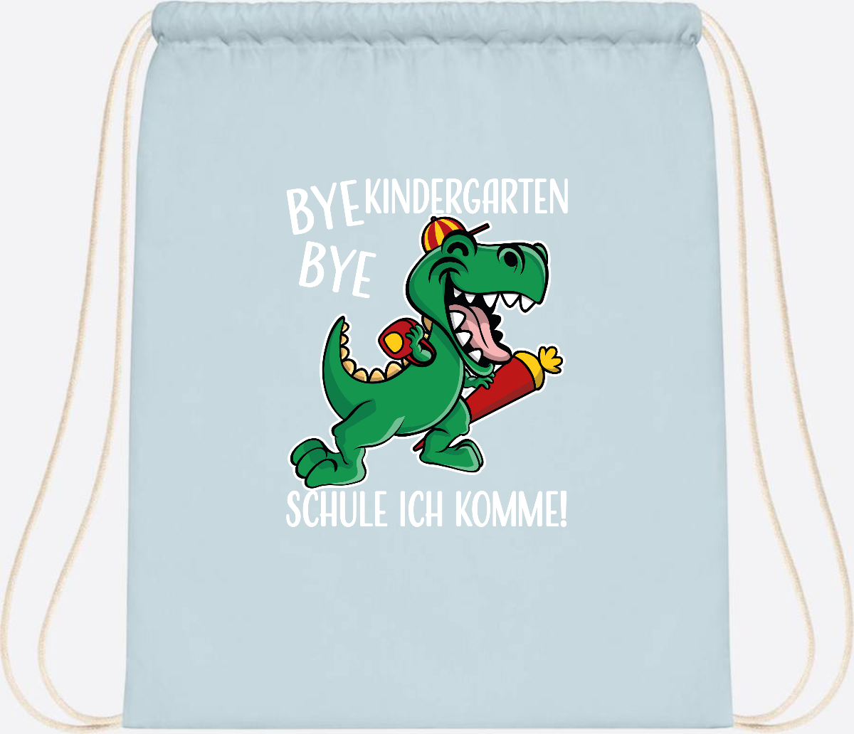Turnbeutel Einschulung Dino – Bye Bye Kindergarten mit Namen - Pastel Blue/White