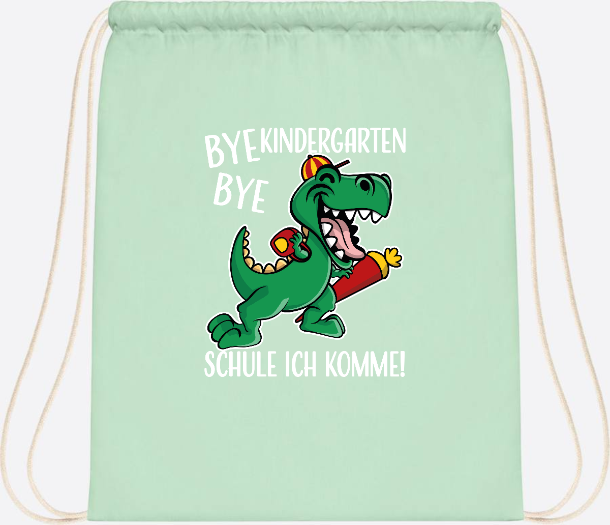 Turnbeutel Einschulung Dino – Bye Bye Kindergarten mit Namen - Pastel Mint/White