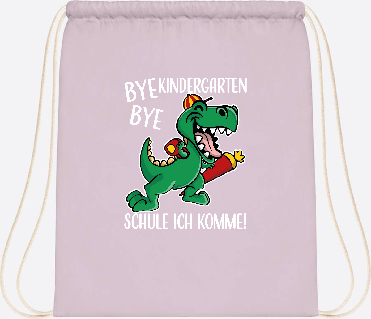 Turnbeutel Einschulung Dino – Bye Bye Kindergarten mit Namen - Pastel Pink/White