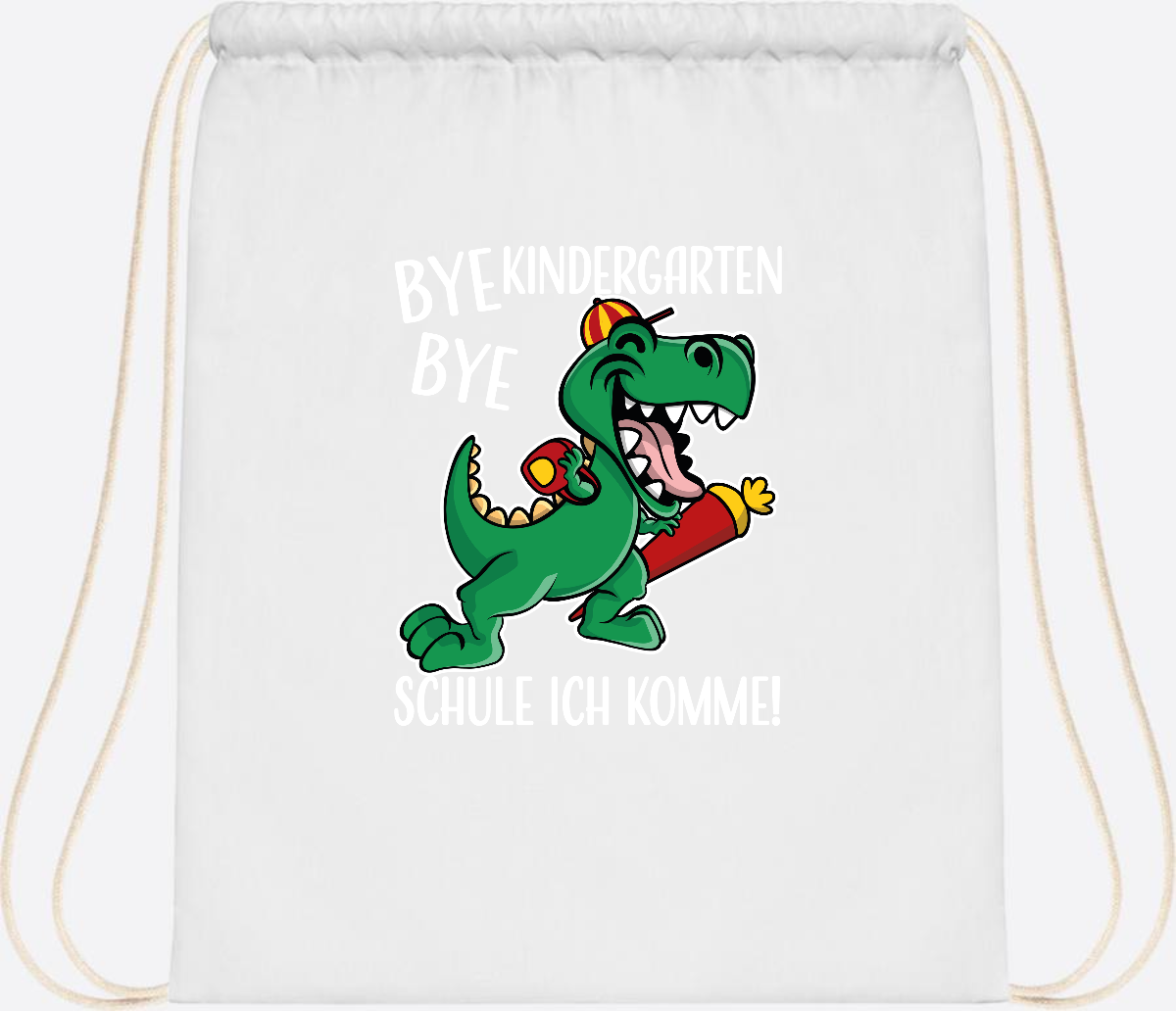 Turnbeutel Einschulung Dino – Bye Bye Kindergarten mit Namen - White