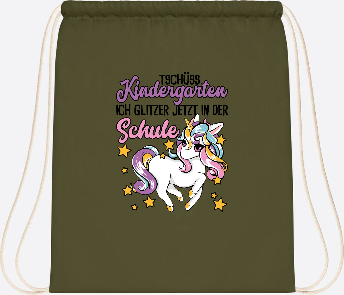 Turnbeutel Einschulung Einhorn: Glitzer jetzt in der Schule - Olive Green