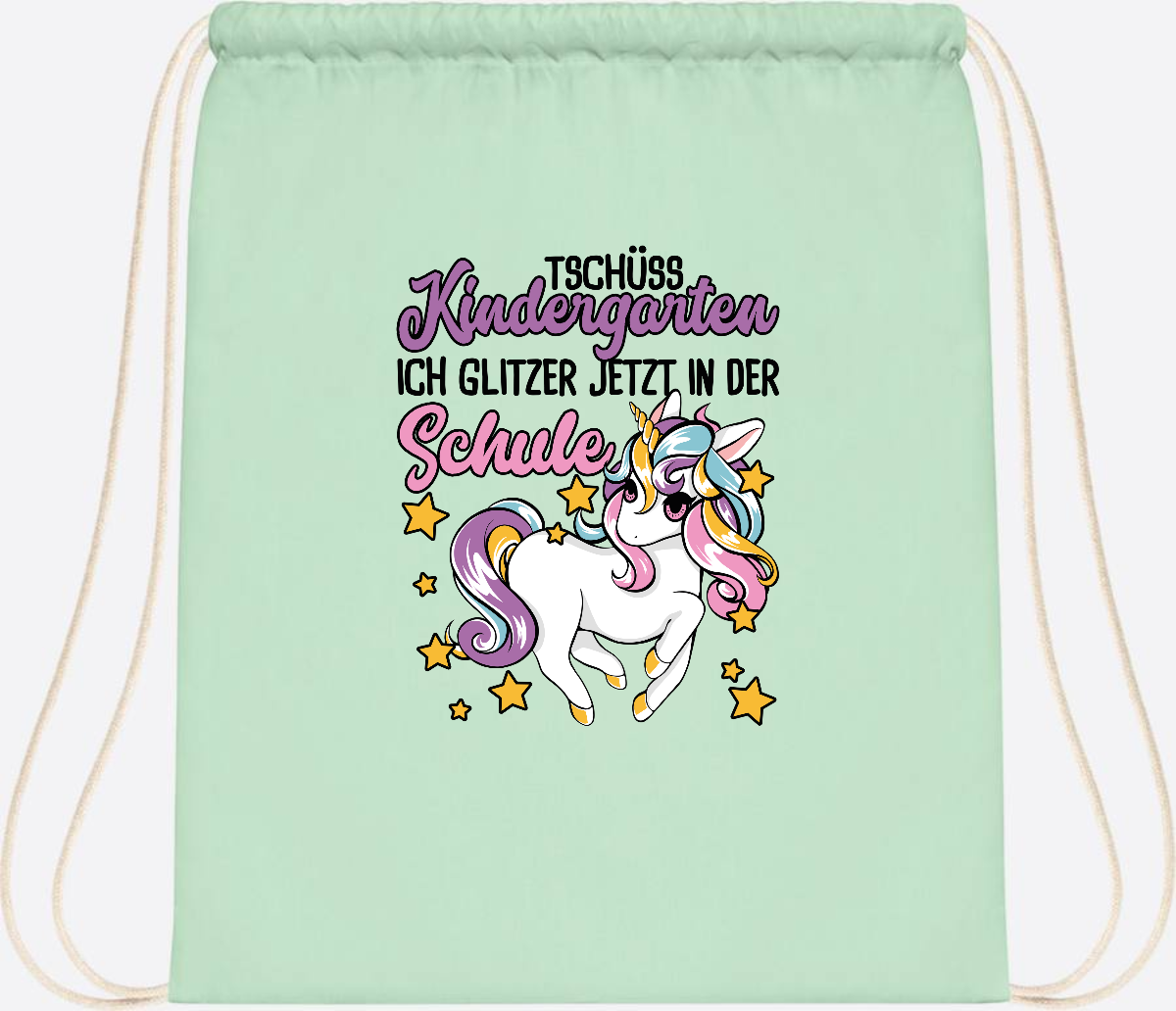 Turnbeutel Einschulung Einhorn: Glitzer jetzt in der Schule - Pastel Mint/White
