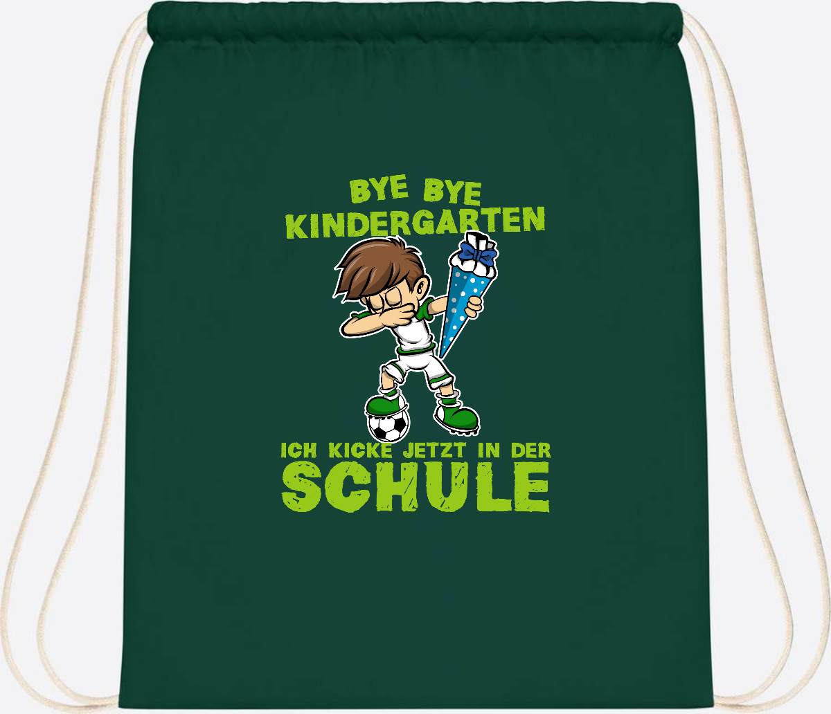 Turnbeutel Einschulung – Fußball Dabbing Junge mit Namen - Bottle Green