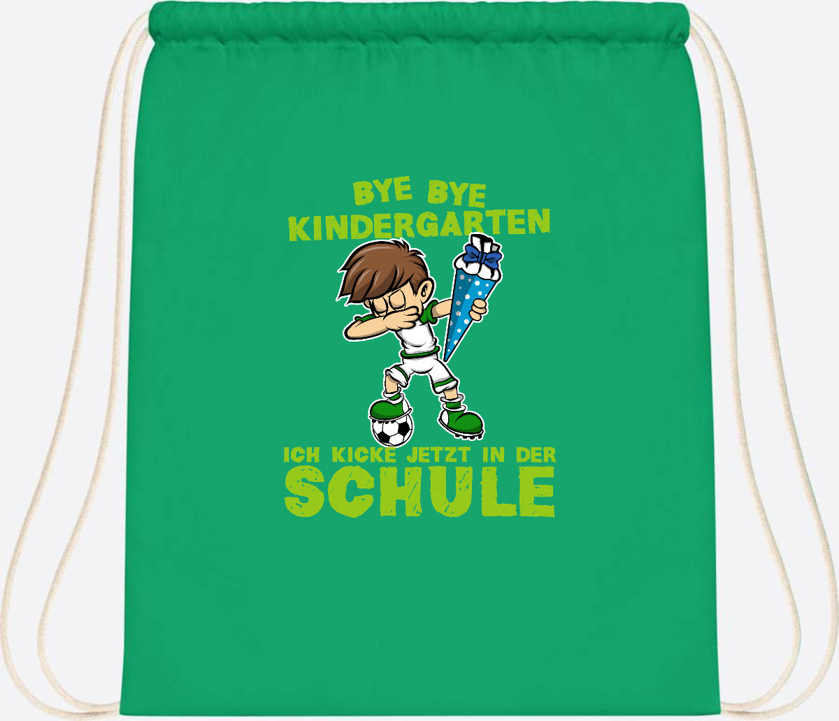 Turnbeutel Einschulung – Fußball Dabbing Junge mit Namen - Kelly Green