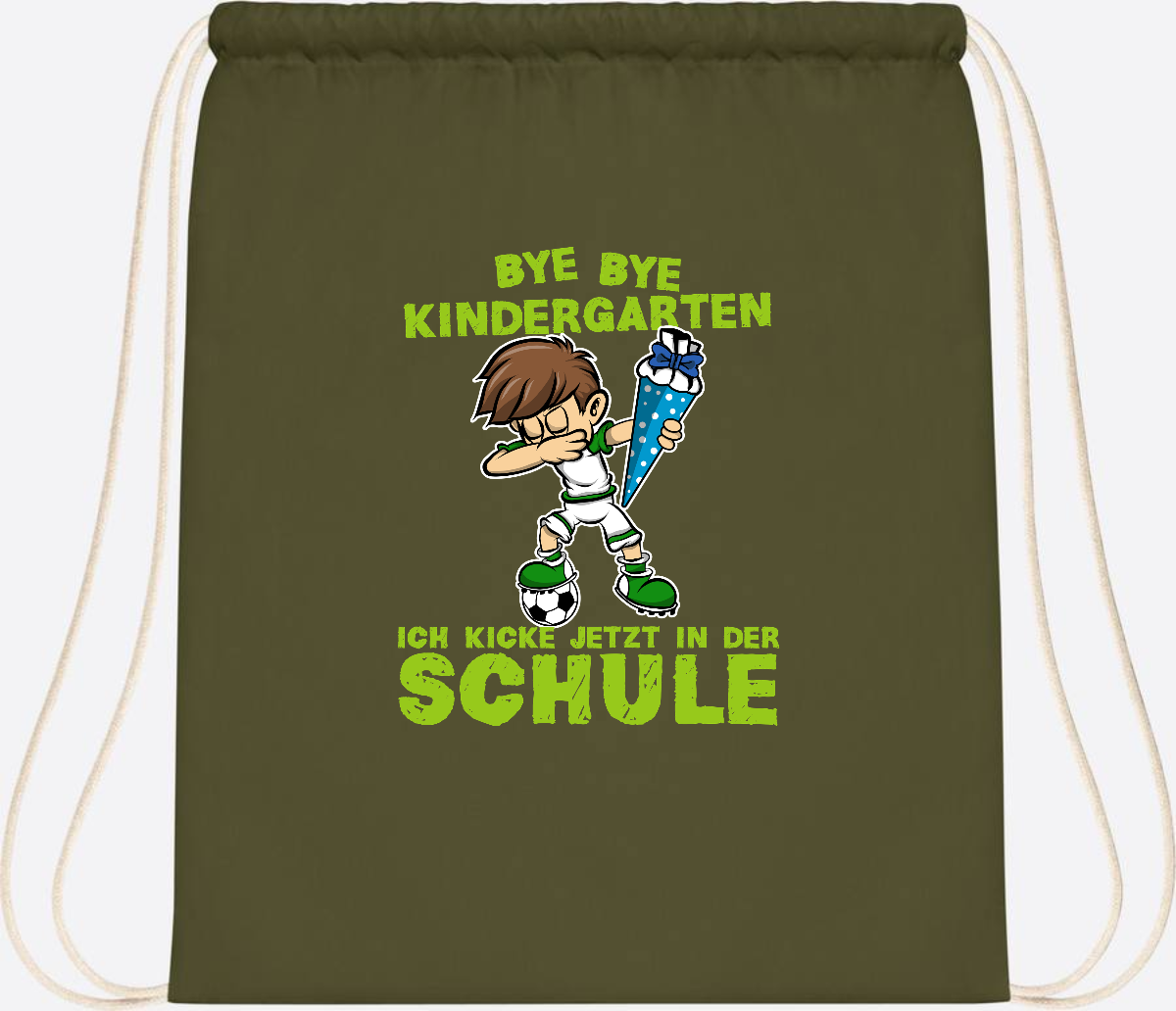 Turnbeutel Einschulung – Fußball Dabbing Junge mit Namen - Olive Green
