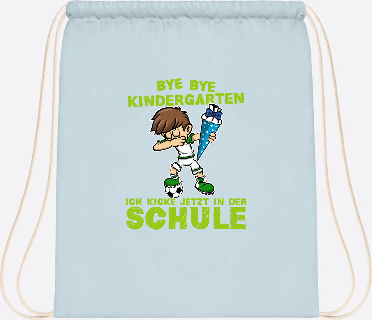 Turnbeutel Einschulung – Fußball Dabbing Junge mit Namen - Pastel Blue/White