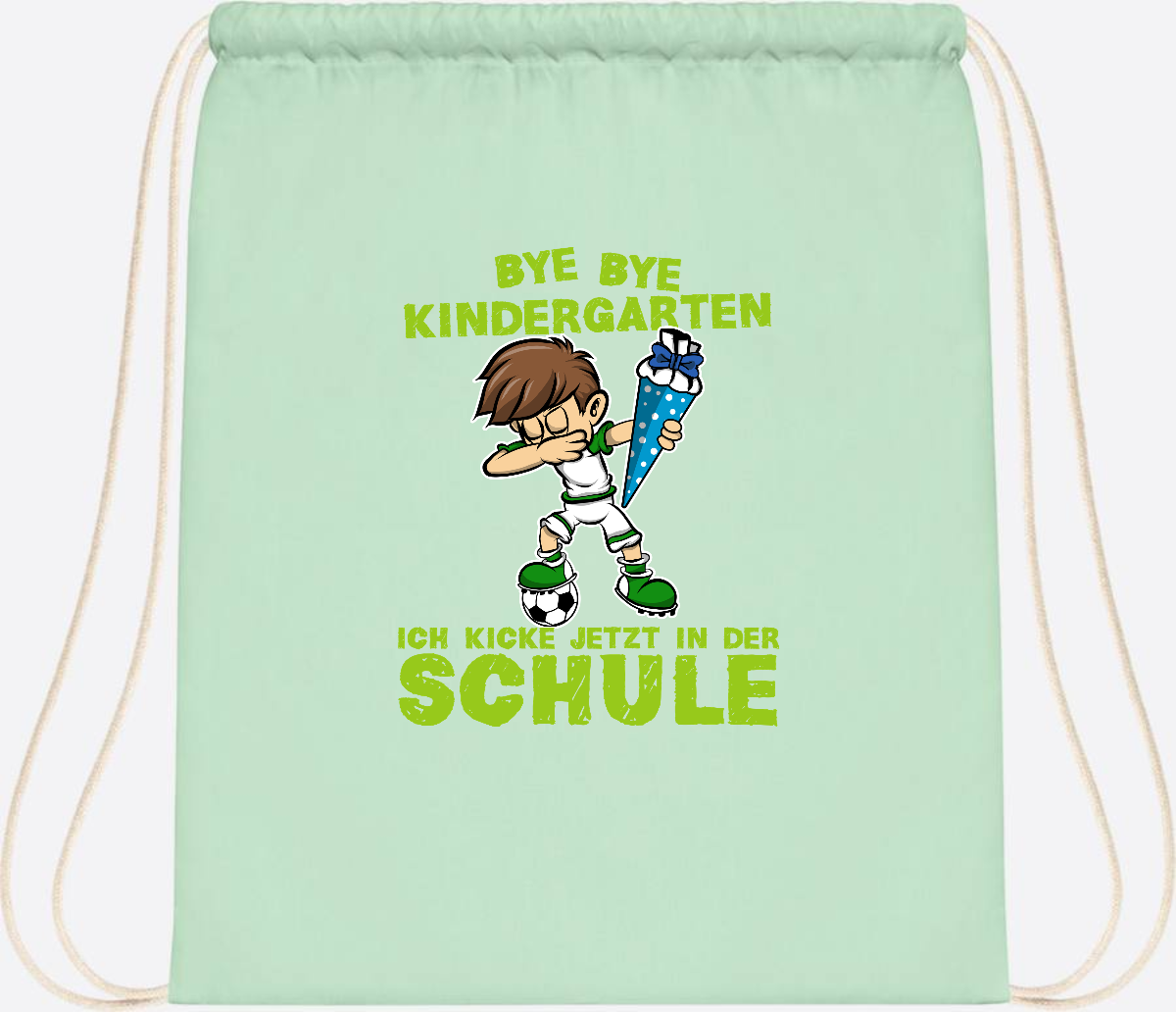 Turnbeutel Einschulung – Fußball Dabbing Junge mit Namen - Pastel Mint/White