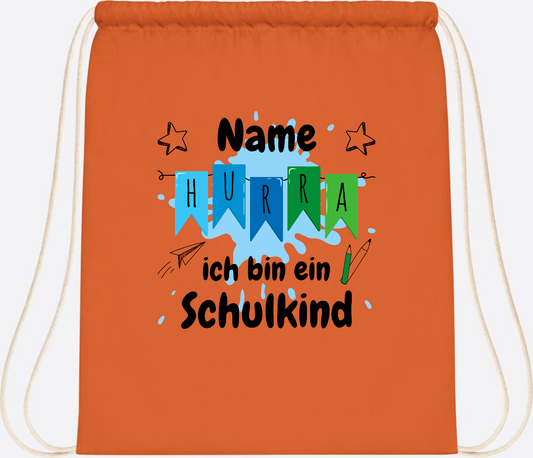 Turnbeutel Einschulung: Hurra ich bin ein Schulkind mit Name - Orange