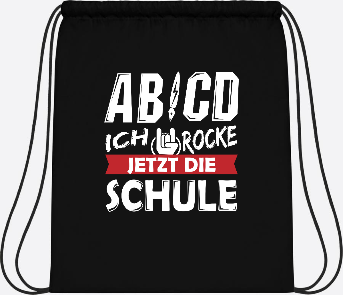 Turnbeutel Einschulung mit Name – ABCD Ich rocke die Schule - Black/Black