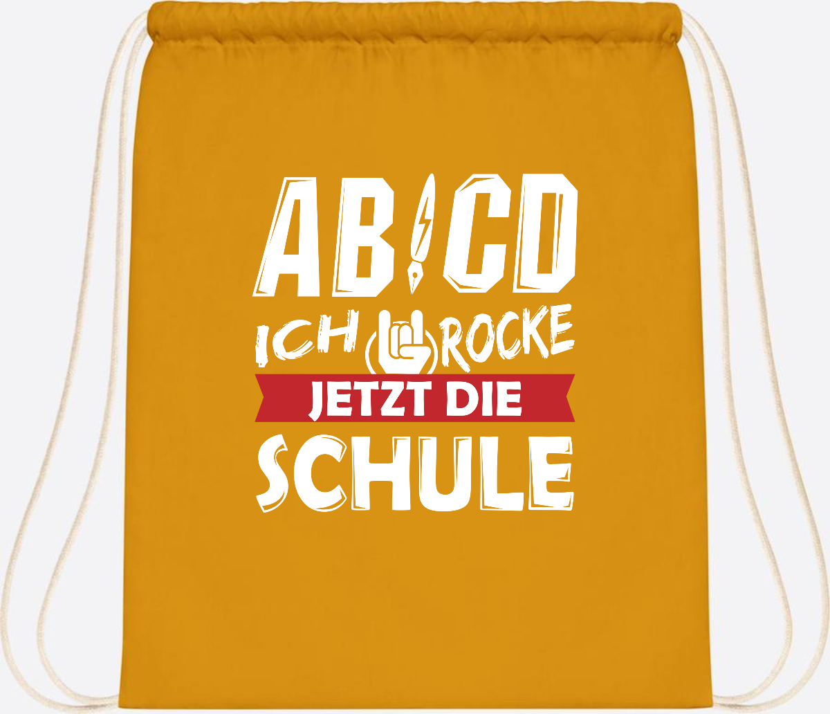 Turnbeutel Einschulung mit Name – ABCD Ich rocke die Schule - Mustard