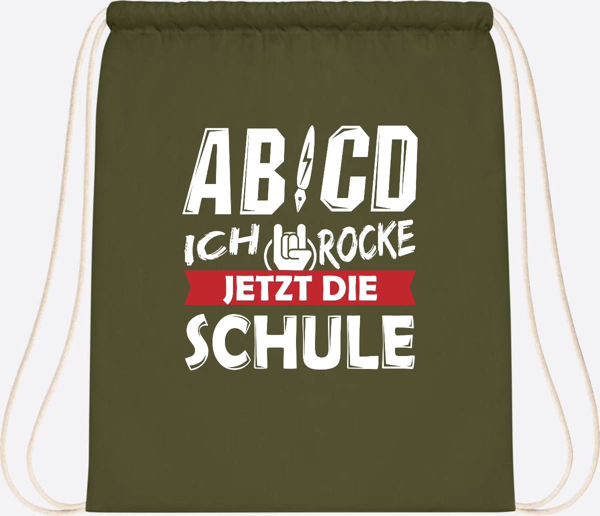 Turnbeutel Einschulung mit Name – ABCD Ich rocke die Schule - Olive Green