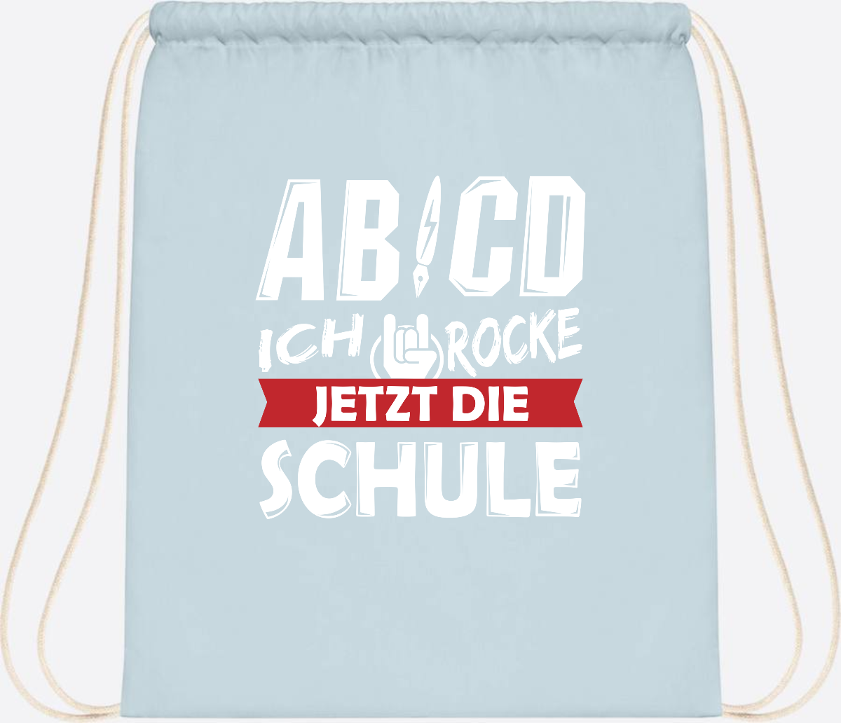 Turnbeutel Einschulung mit Name – ABCD Ich rocke die Schule - Pastel Blue/White