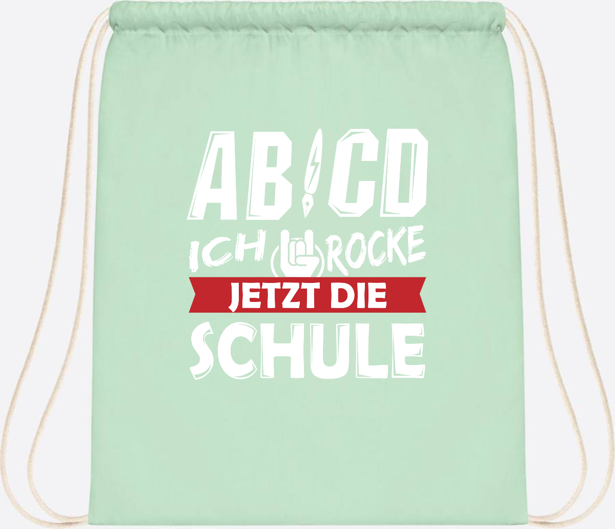Turnbeutel Einschulung mit Name – ABCD Ich rocke die Schule - Pastel Mint/White
