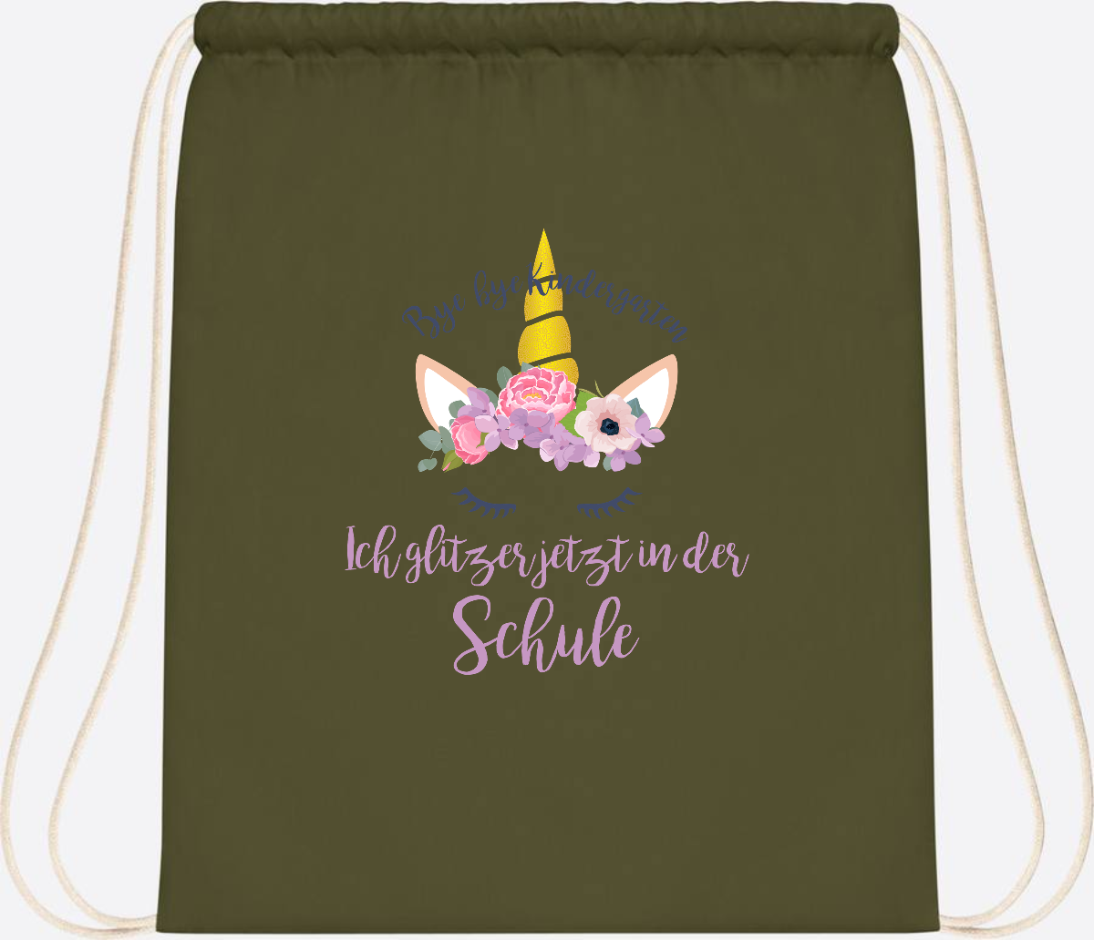 Turnbeutel Einschulung mit Name: Ich glitzer jetzt in der Schule - Olive Green